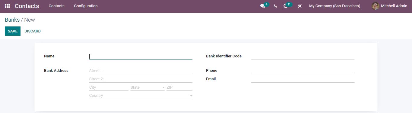 Bank creation in Contacts Module