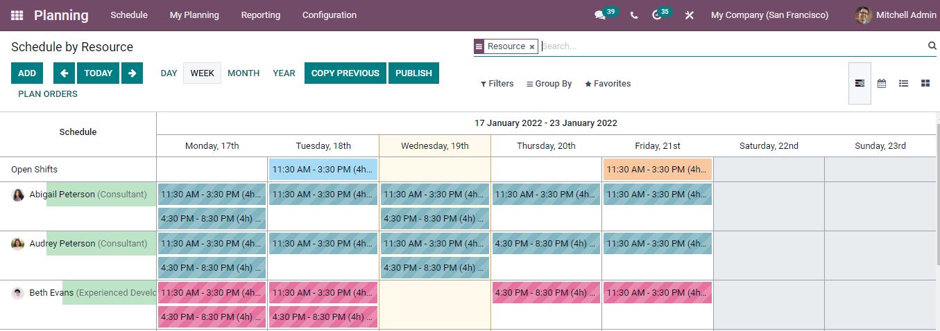 Planning Employees Shift in Odoo
