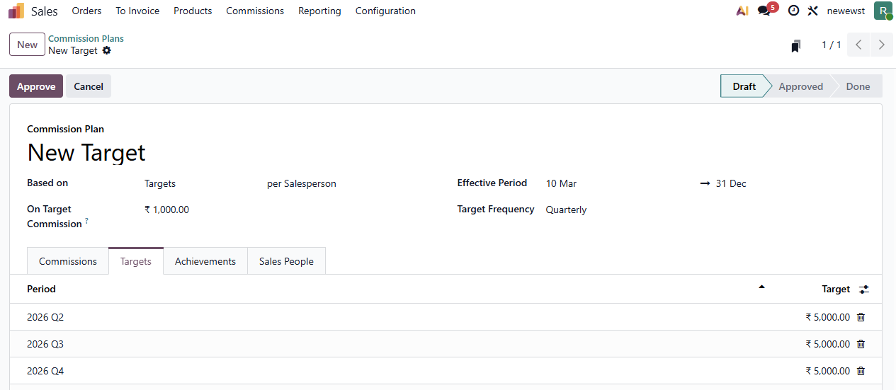 Setting sales targets for commission plans in Odoo 19