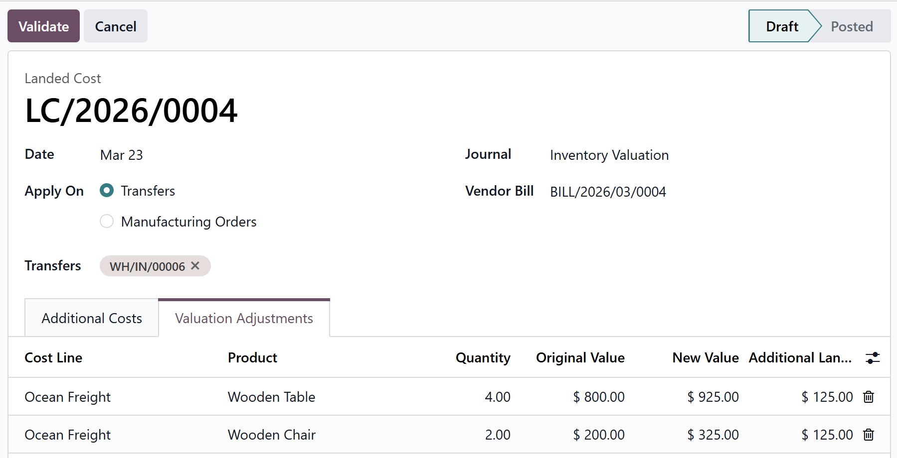 Landed costs Valuation Adjustments