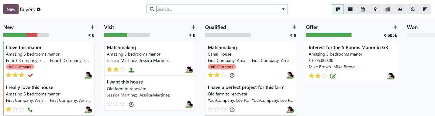 Odoo real estate workflow buyers pipeline Kanban view showing deal stages from new to won