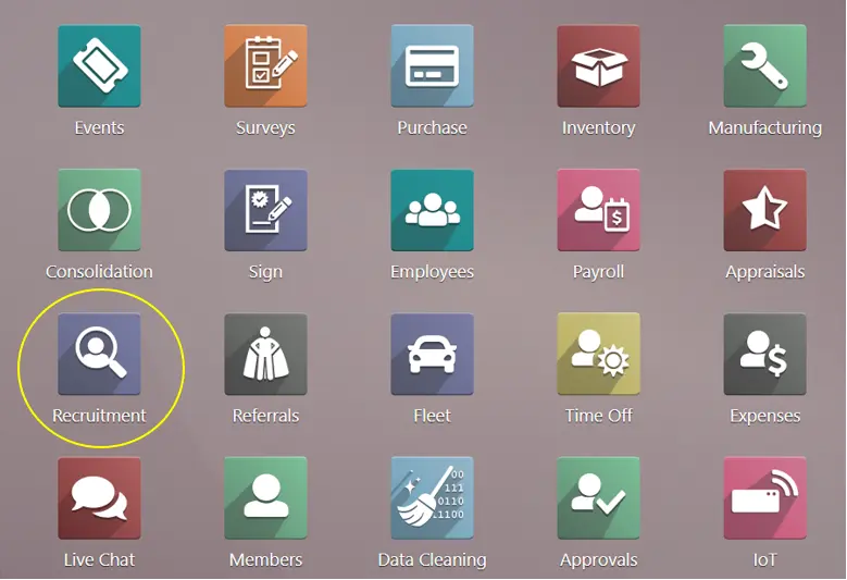 Odoo 16 Recruitment Dashboard showing job positions and recruitment pipeline