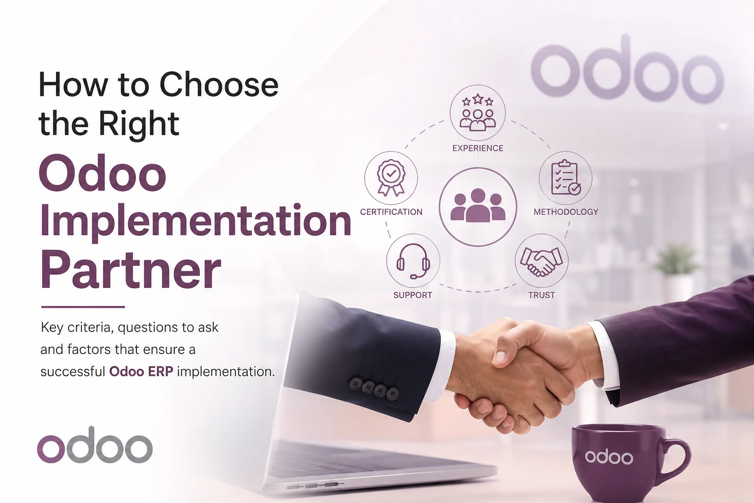 Professional illustration of businesses choosing the right Odoo implementation partner for successful ERP implementation and digital transformation.