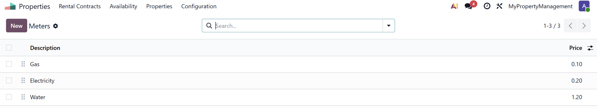 Utility meter reading and tenant billing in Odoo Property Management